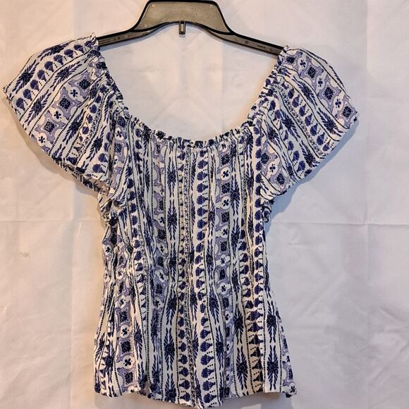 PATRONS OF PEACE BLUE/WHITE COUNTRY BOHO STYLE FLATTER SLEEVE TOP - SZ M NWOT - Picture 10 of 15